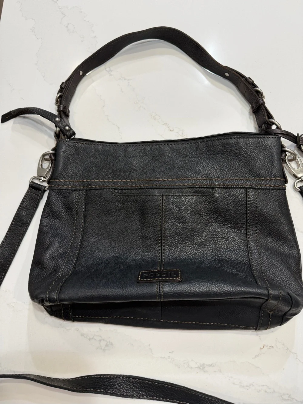 Fossil Black Pebbled Leather Shoulder Bag with Removable Strap